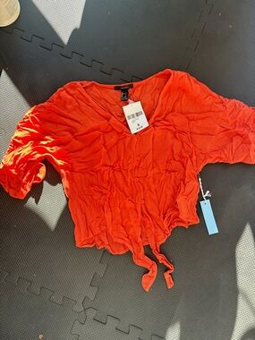 Forever 21 Orange Button-Front Tie-Hem Crop Top